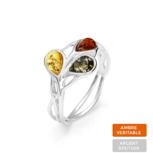 Bague 3 perles ambre et argent