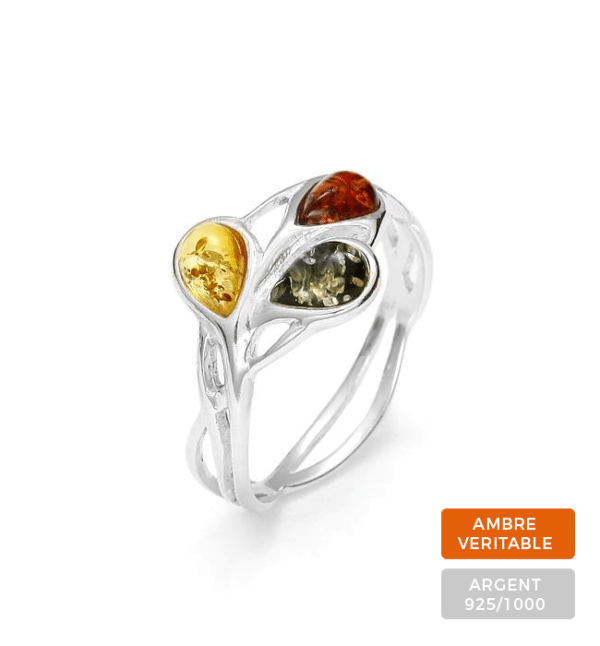 Bague 3 perles ambre et argent