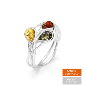 Bague 3 perles Ambre et Argent (citron, cognac et vert)