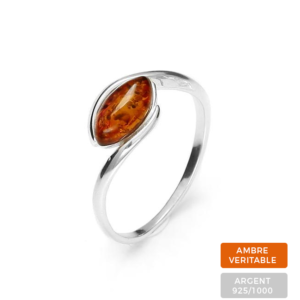 Bague Ambre et Argent Perle Ovale Cognac