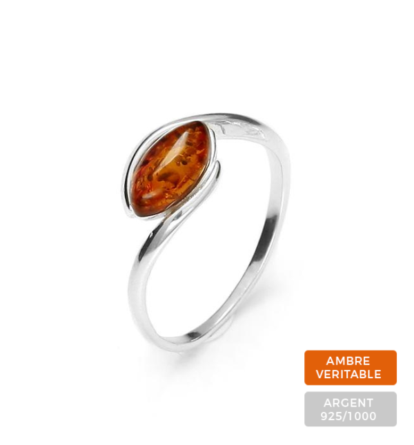 Bague Ambre et Argent Perle Ovale Cognac