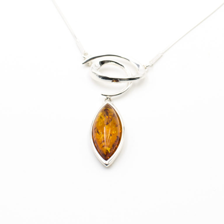 Collier Perles Ovales En Ambre Et Argent 925 - Ancien, Neuf Sans Emballage, Bijou Unique