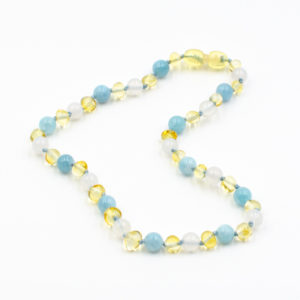 Collier Ambre Bébé Citron Agate Blanche et Aquamarine