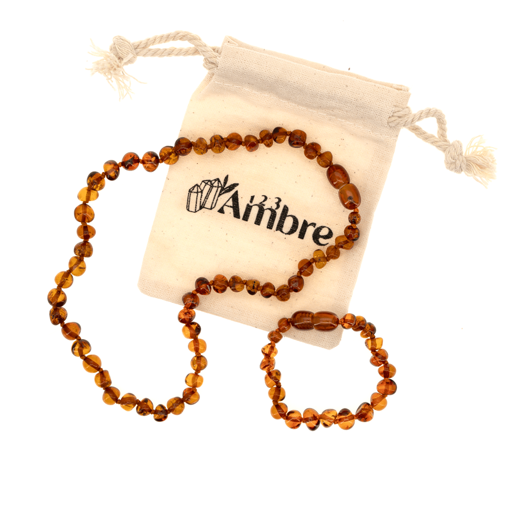 Exclusivité : Bracelet bébé en Ambre caramel et Aigue-Marine naturelle