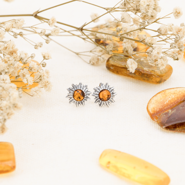 Boucles oreille soleil ambre et argent situation