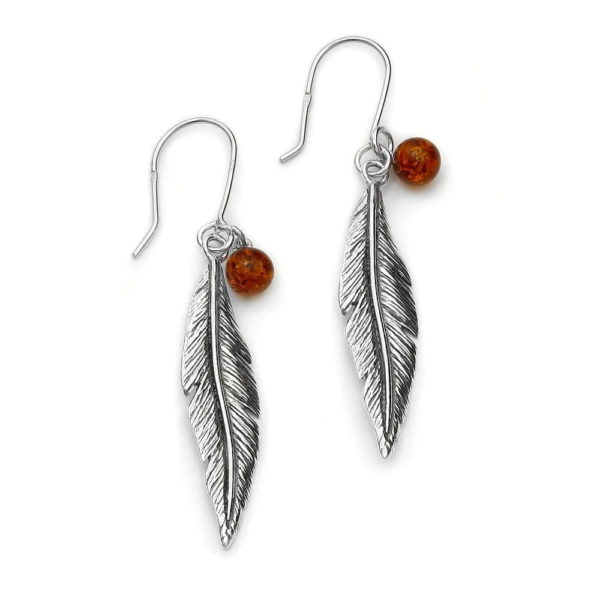 Boucle oreille plume ambre et argent