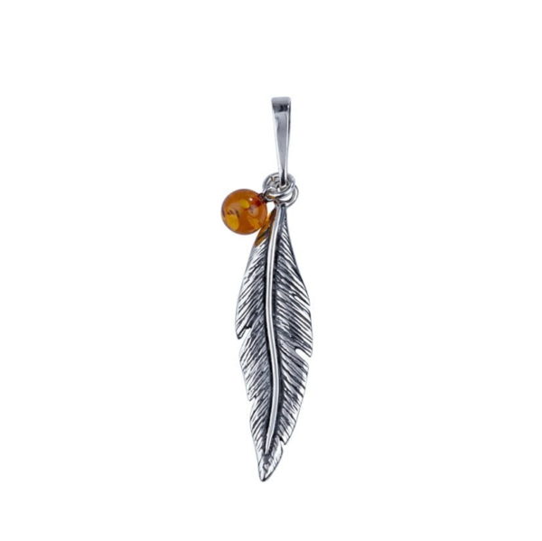 Pendentif Plume Ambre et Argent